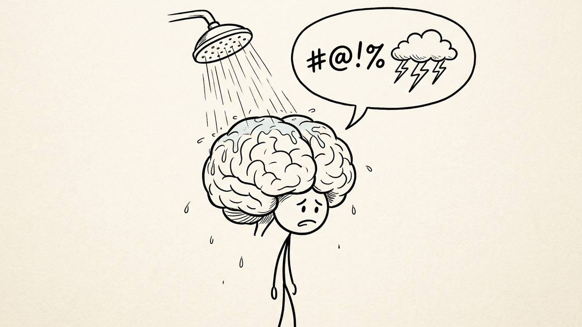 A hand-drawn stick figure stands under a running shower with an oversized, swollen brain, a speech bubble above it filled with angry comic symbols and a small storm cloud.
