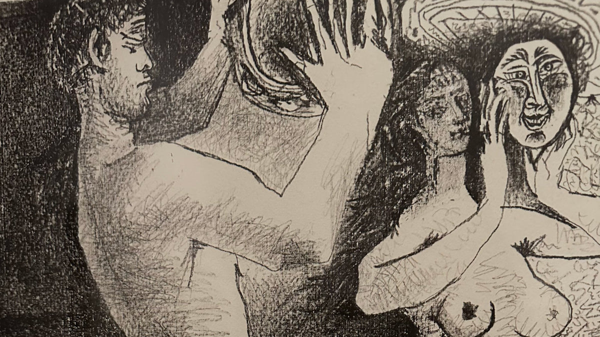 A black-and-white lithograph by Pablo Picasso: a nude woman holding a second, smiling face beside her own like a mask, next to a man shielding his face with his hand.