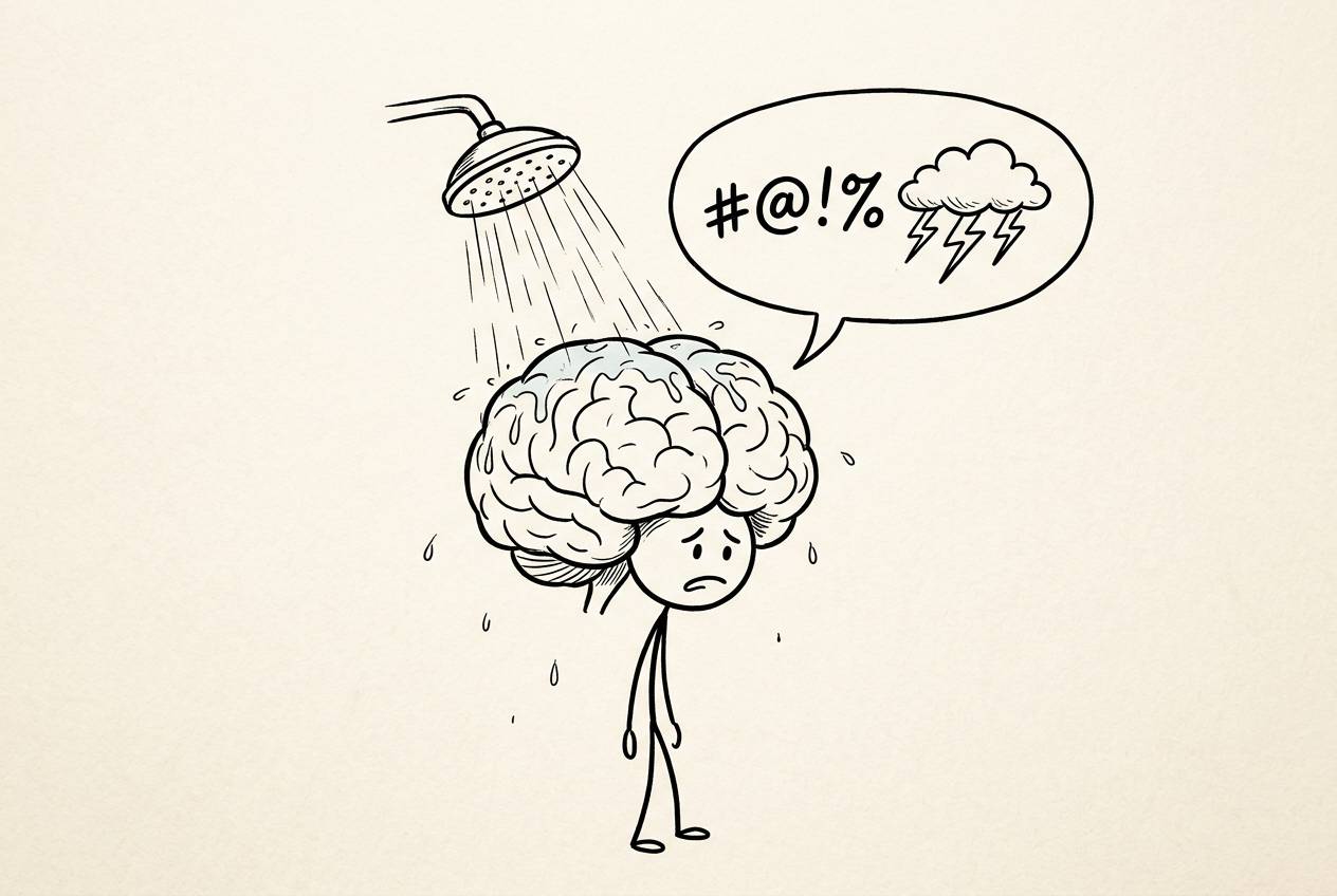 A hand-drawn stick figure stands under a running shower with an oversized, swollen brain, a speech bubble above it filled with angry comic symbols and a small storm cloud.