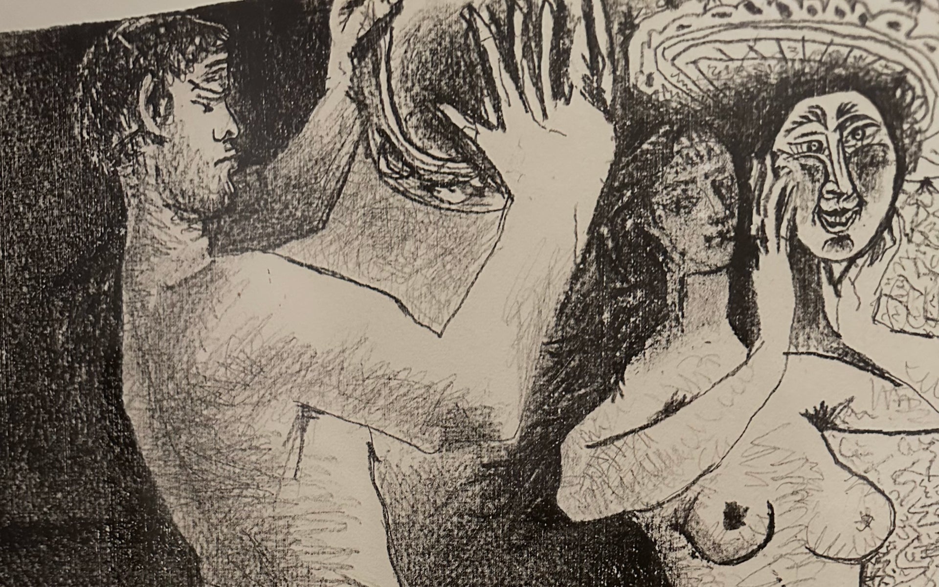 A black-and-white lithograph by Pablo Picasso: a nude woman holding a second, smiling face beside her own like a mask, next to a man shielding his face with his hand.